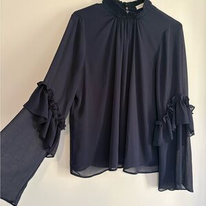 Lush Navy Ruffle Sleeve Blouse